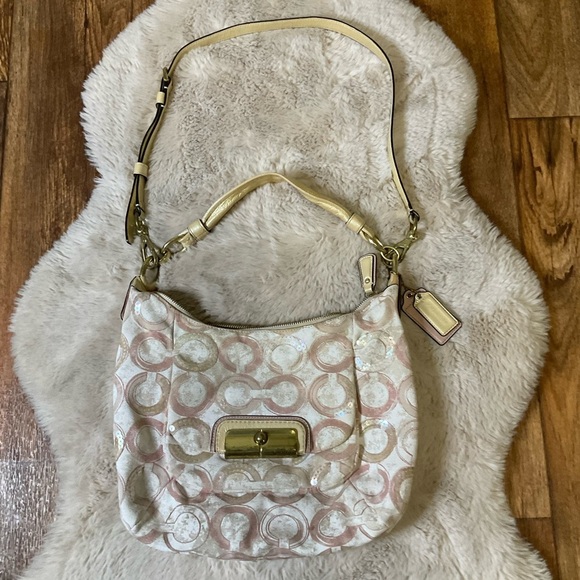 Coach Kristin Op Art Shoulder Bag Pink Cream Sequin Convertible Strap #16791 - Picture 1 of 15